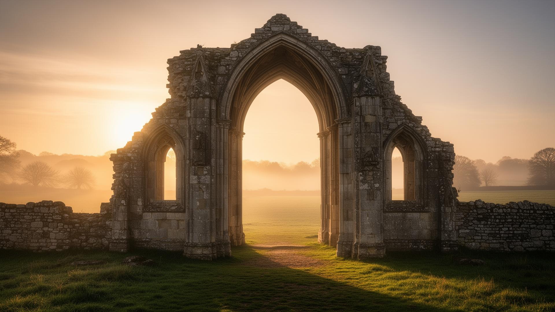 The ruined arch of Walsingham at dawn